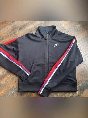 Nike Black Zip Track Jacket with Red, White & Blue Stripes